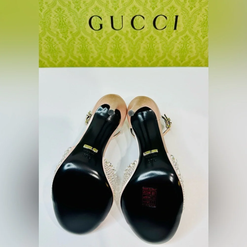 Gucci GG Crystal Embellished Rhinestones Heels Pink Satin Sandals Size 37.5 - Picture 12 of 16